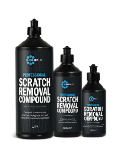 Three different size bottles of the Chipex Scratch Removal Compound. Going from Large to small (Left to Right)