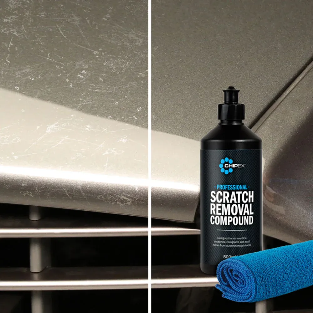 Foreground image of the Chipex Professional Scratch Removal Compound and before and after image on a grey car