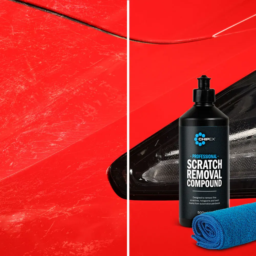 Foreground image of the Chipex Professional Scratch Removal Compound and before and after image on a red car