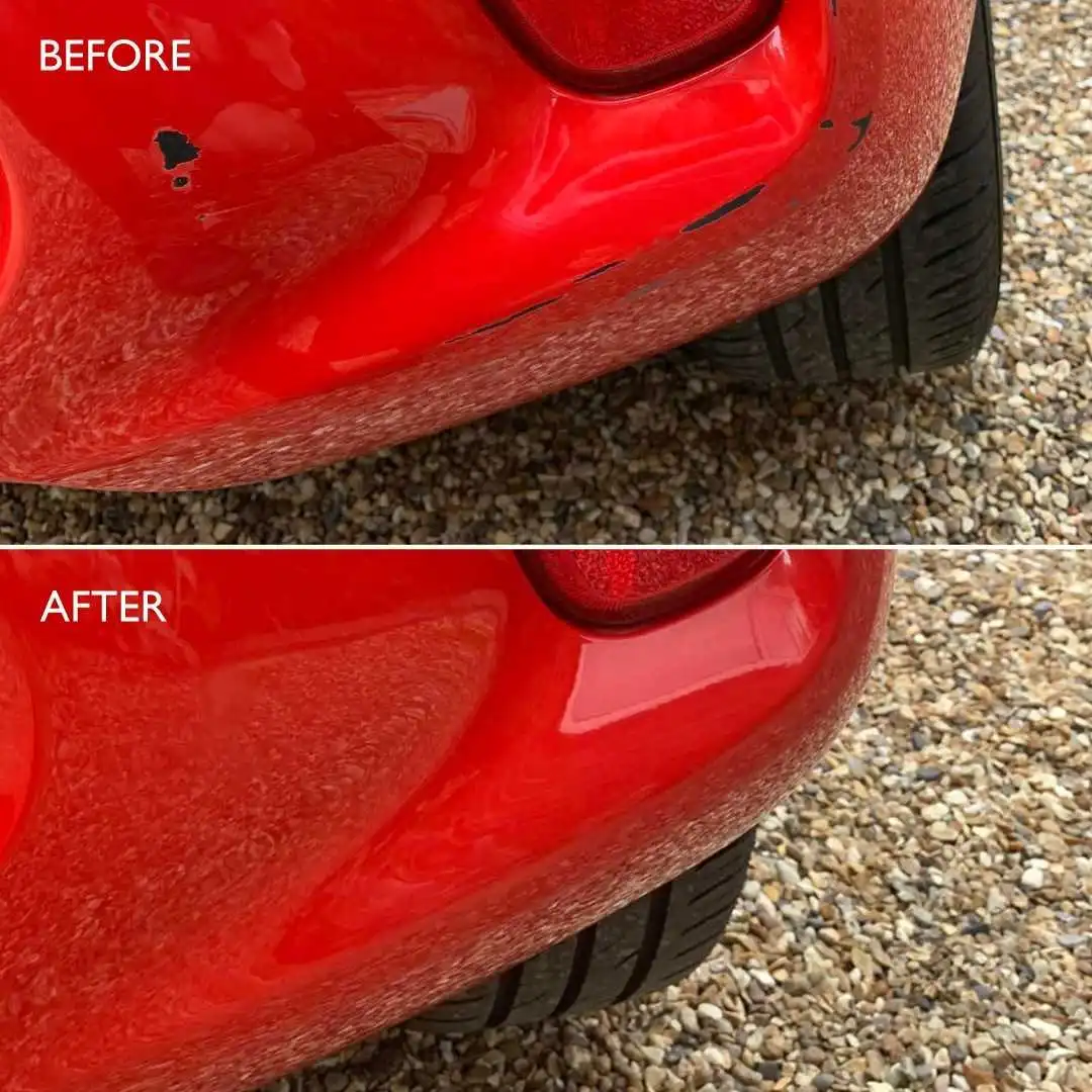 Before and after photo of a little black scrape on a red car