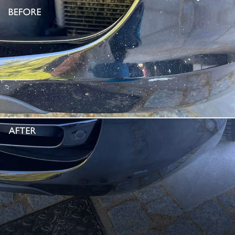 Before and after photo of dotted wear and tear on a navy blue car