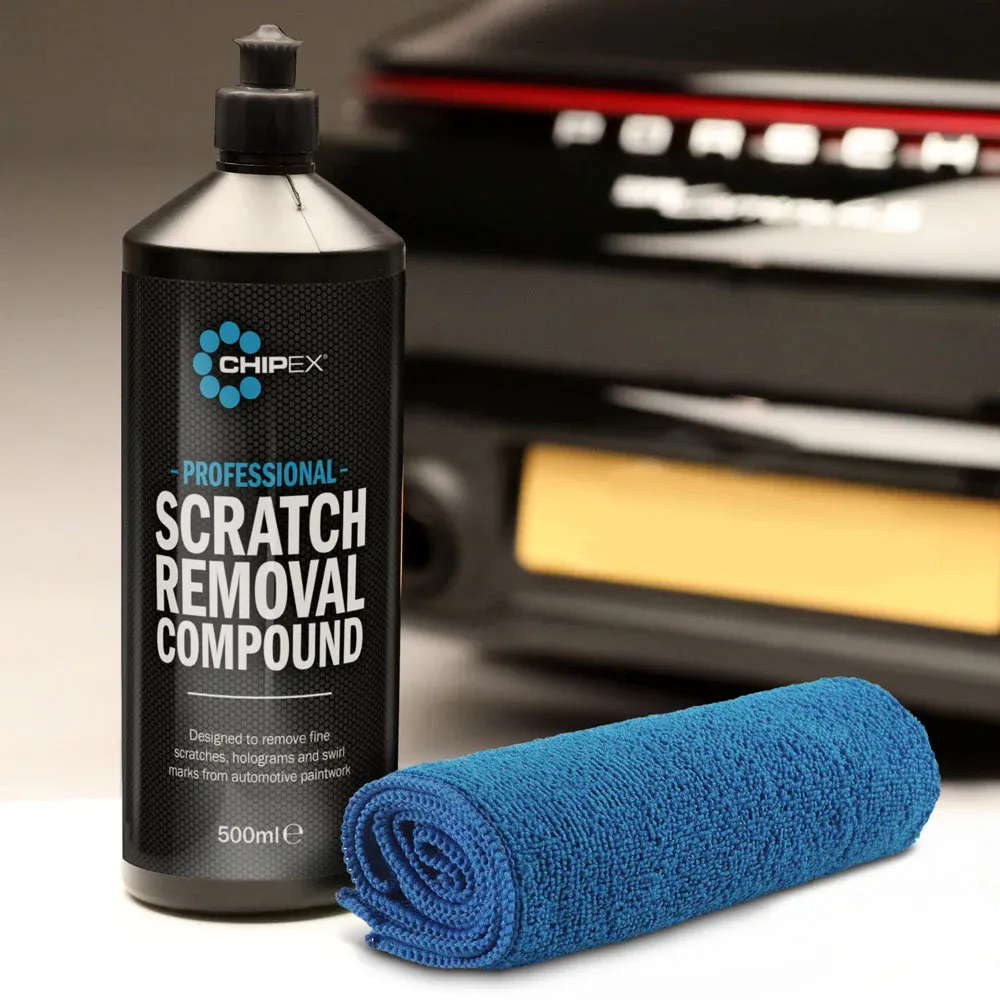 Foreground image of the Chipex Professional Scratch Removal Compound and a black car in the background
